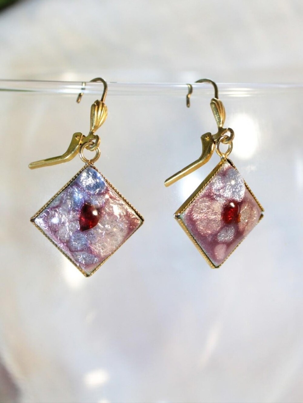 Gold Tone Diamond Shaped Purple Resin Earrings
